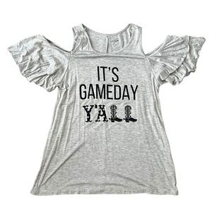 Alya Small “It’s Gameday Y’all” Cold Shoulder Ruffle Sleeve Graphic Tee